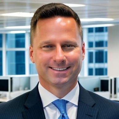 A man in a suit and tie smiling in an office.