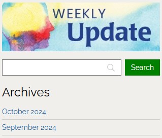 Website screen showing "Weekly Update" with a search bar and links to archives for October and September 2024.